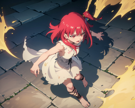 masterpiece, best quality, morgiana, 1girl, dynamic angle, from above, running fighting stance, attack battle form, floating debris dust stones winds, official art, full body, Bold line, red hair, one side up, red eyes, dress, full body, ankle lace-up, barefoot, anime coloring <lora:Morgiana:1>  <lora:animelike_2.5d:0.8>