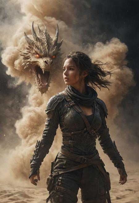 epic realistic, (dark shot:1), 1girl, ninja floating, textured clothing, dragon_head, smoke, (((sandstorm))), (flying stone), (((dust explosion:1))), wind, (motion blur), realistic, solo_focus, (dark_background), 3d Model