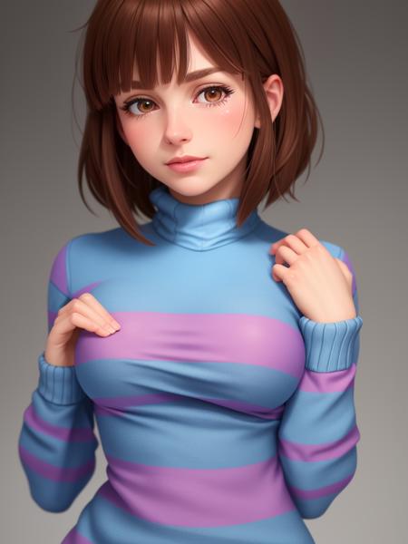 Frisk, canon, sfw, ((striped sweater)), turtleneck, shorts, boots, brown hair, short hair, bangs