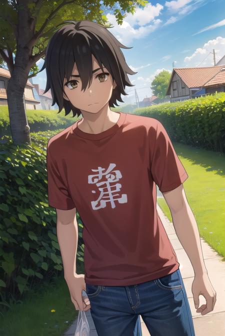 jintayadomi, <lora:jinta yadomi s1-lora-nochekaiser:1>,
jinta yadomi, black hair, male focus, (brown eyes:1.3),
BREAK shirt, pants, t-shirt, red shirt,
BREAK outdoors, house, fields, grass, sky, sun, clouds,
BREAK looking at viewer, (cowboy shot:1.5),
BREAK <lyco:GoodHands-beta2:1>, (masterpiece:1.2), best quality, high resolution, unity 8k wallpaper, (illustration:0.8), (beautiful detailed eyes:1.6), extremely detailed face, perfect lighting, extremely detailed CG, (perfect hands, perfect anatomy),