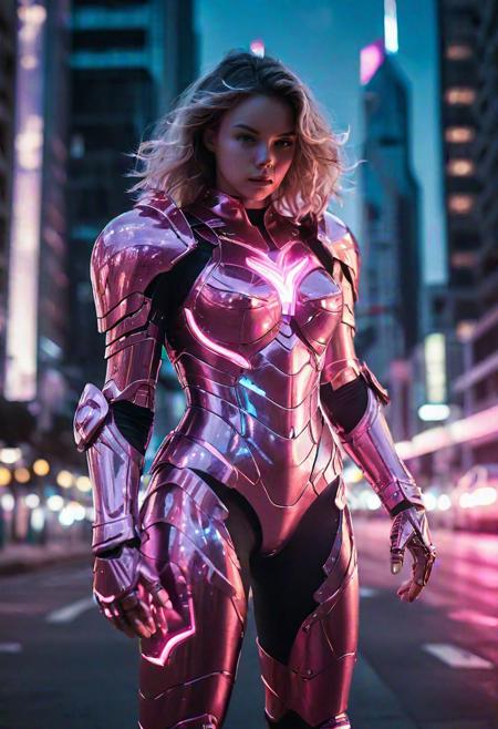 by night woman wearing translucent glowing pink glass armor, holographique armor, standing on a futuristic city street, fighting pose, dramatic light, cinematic grain, electric aura around her, hkstyle, ultra instinct, aura, no weapon, energy sparks