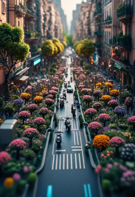 Tilt-shift photo of <lora:Alesso Baldovinetti CLIP:1>,Alesso Baldovinetti,, city street,street,street photography,<lora:Beeple_scenery:1>,Beeple,scenery,a futuristic city with a lot of flowers and trees in the foreground,, <lora:Metroplex Base:0.4>,a city scnery,, <lora:LetThereBeLight:0.3>,Beeple,lighting, . Selective focus, miniature effect, blurred background, highly detailed, vibrant, perspective control