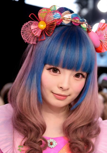 1girl, pamyurin, stage, audience, crowd, facing viewer, looking at viewer, eye contact, outdoors, festival, smile, colored inner hair, petite, flat_chest, blush, long_eyelashes, fake_eyelashes, masterpiece, absurdres, highres, realism, close-up, hair accessories, harajuku fashion, teen girl, full_body