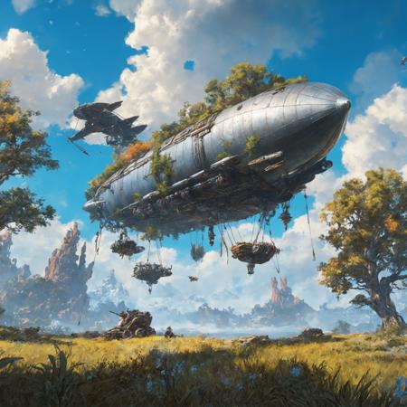 masterpiece, best quality, greg rutkowski, 

scenery, sky, cloud, day, outdoors, tree, weapon, aircraft, airship, blue sky, fantasy, grass, artwork from horizon zero dawn

, very detailed, high resolution, sharp, sharp image, 4k, 8k,