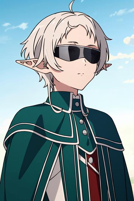 <lora:å¸é²è²å¶ç¹1V-000010:0.8>,å¸é²è²å¶ç¹,1girl,white hair,elf,red eyes,forehead,pointy ears, short hair,ahoge,short hair with long locks
sunglasses,blindfold,green capelet,white shirt,long sleeves,green cape,buttons,green collar,shirt,,white gloves, Exquisite visuals, high-definition,masterpiece,best quality,