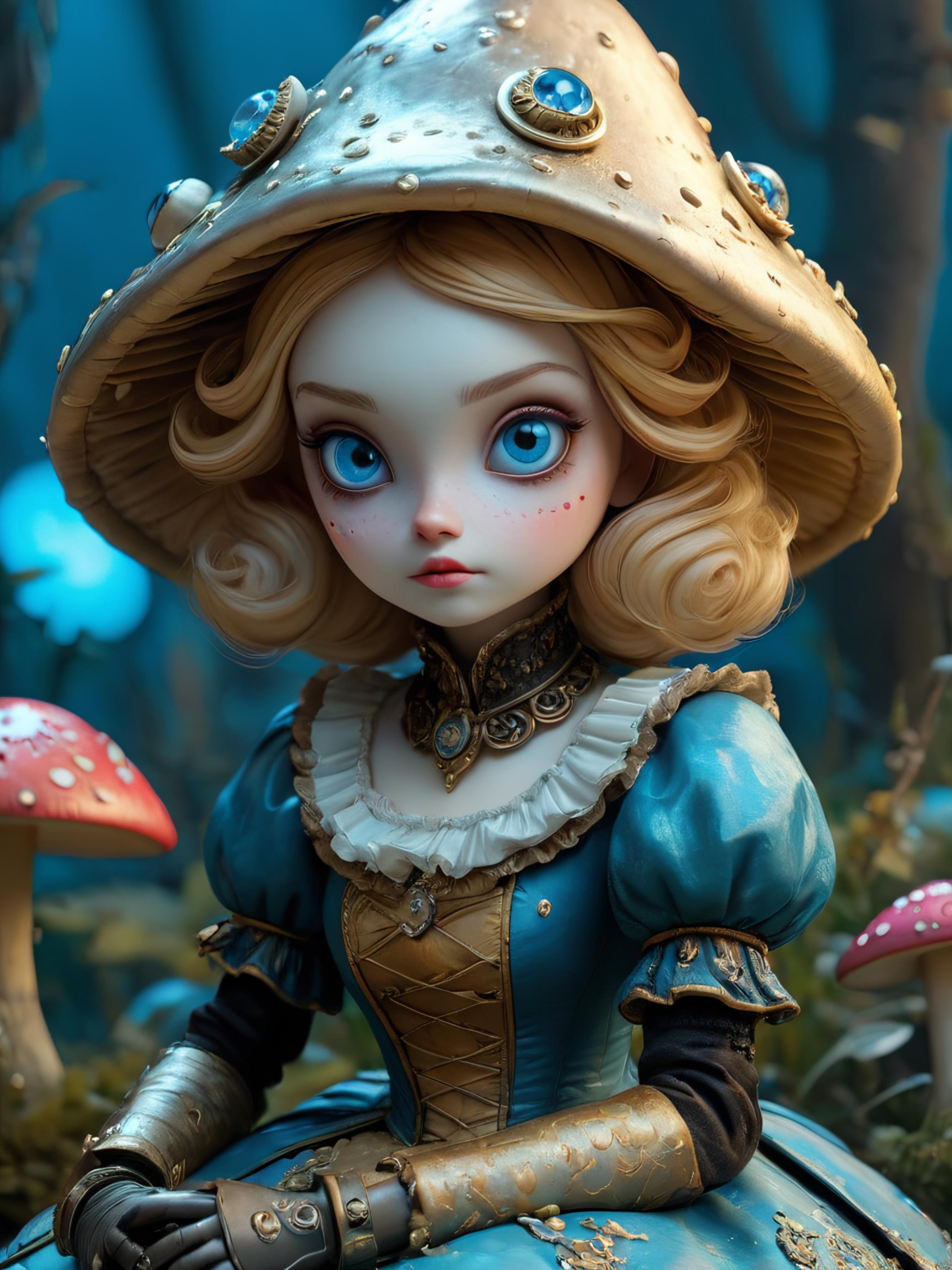 A doll with blue eyes wearing a blue dress and a hat.