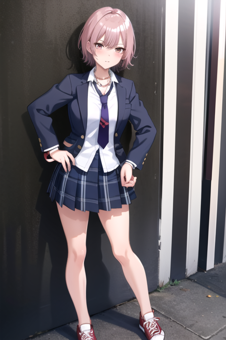 <lora:WeroD4DJ-09:0.7> , weronika, 1girl, solo, looking at viewer, blush, short hair, skirt,  pink hair, shirt, long sleeves, red eyes, jewelry, closed mouth, school uniform, standing, jacket, white shirt, pleated skirt, open clothes, necktie, shoes, collared shirt, miniskirt, necklace, bracelet, open jacket, blue skirt, black jacket, hand on hip, plaid, bare legs, plaid skirt, blazer,  red footwear, sneakers, purple necktie