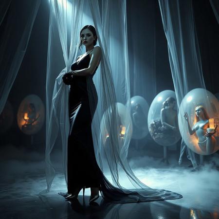 noble norvegian femme fatal lady  posing standing wearing evening GLOSSY THIN black slime live tentacles gown, GLOVES  and high heels,   entrapped in  giant long waving  ultrathin transparent   veils, surrounded by  weird fog from the floor, captured in light beam from celling,  giant slime covered transparent eggs  with encased ladies at background, breeding chamber,  ultrathin waisT, HORROR,  reminiscent of H.R. Giger, Zdzisław Beksinski, and Ash Thorp's dark, sleek styles, with close-up glamour photography, glossy satin and silver heels glistening, fleshy slime dripping, and dark shadows.