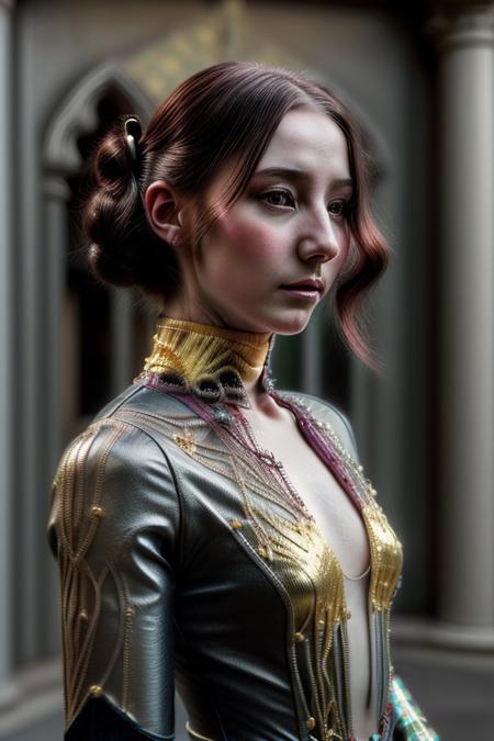 A humanoid AI represented in Art Nouveau style, with intricate, flowing lines and decorative patterns. She has a serene expression, her hair a cascade of metallic threads intertwined with floral motifs. Her body is partly robotic, with gold and pearl accents, seamlessly blending with organic forms. The background is a stained-glass-style design, featuring celestial and floral imagery. Art style: detailed, ornamental, and vintage-inspired."