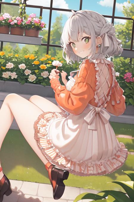 lunachan, Uekura Eku, 1girl,smile, portrait, (solo), brown skin:1.3), day time,mature woman, medium breasts, short hair ,(silver hair) curled hair, ,  long legs orange sweater dress, from behind, kind smile garden, flowers, flower pot, hanging plants, plants, large leaves, vines, greenhouse, stones masterpiece, best quality,