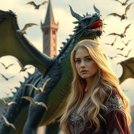 a beautifull woman is satanding in front of a dragon , the dragon is black and green, super focus on female, many baby dragons are flying in the backround, superrealistic, the woman has blond long hair, behind the woman there is a tower,