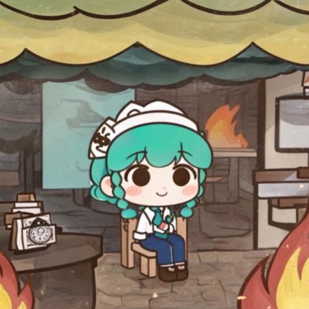 (thisisfine:1.6), (fire:1.3), (smoke:1.0), (room full of fire:1.3), sitting on chair, 1girl, chibi,
cute expression, proportional features, no imperfections, 4k, 8k, (mint green hair:1.2), (twin_braids:1.2), white beret, (flower necktie:1.1), ribbed white shirt, slacks, light smile,
cartoonized, cartoon style