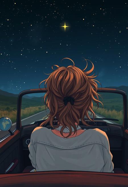 long and lonesome road, old world like it used to be, 
night while drivin' my car,
In the sky, a falling star,
mysticism, semi-anime, semi-realism, old convertible car, close up rear view of a girl driving a car, messy hair, very rich in detail, nature, lots of stars,