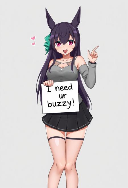 anime style, full body size, mature dva, dva, skirt, stocking, simple background, playful, (((wet tongue out))), drooling, heart shaped pupils, holding sign with a text "I need ur buzzy", funny pose