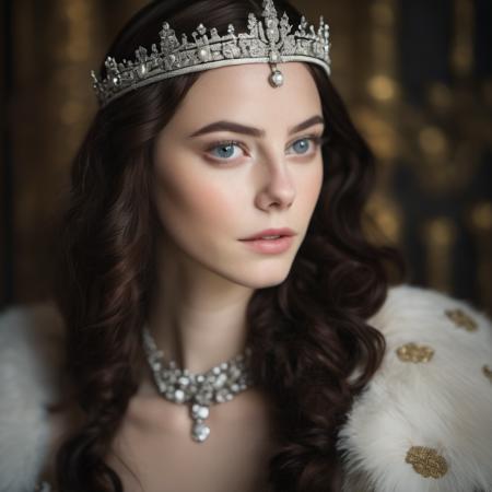 Portrait photo of an actress dressed as a medieval queen with a delicate tiara on her head, Nikon Z9, realistic matte skin, skin texture visible, (sharp focus), (high quality)