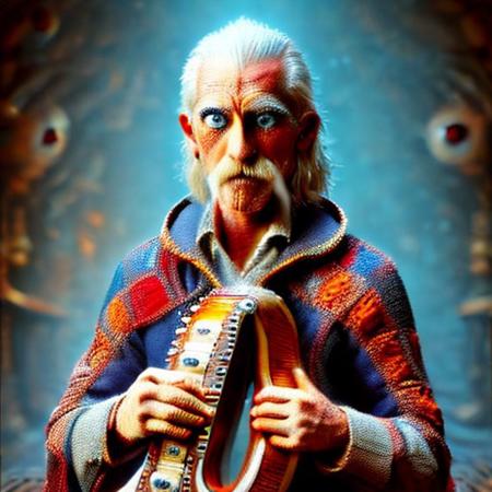 Thom Merrilin, eyeballs everywhere, solo, looking serious, playing a lute made of eyes, soft lighting, upper body, fantasy setting, intricate detail