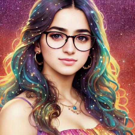 photorealistic painting ((full body)) portrait of ((Zainabtt)) a woman with glasses at a music festival, ((perfect feminine face)), (+long colorful wavy hair), (+glitter freckles), glitter, wearing a dress, intricate, 8k, highly detailed, volumetric lighting, digital painting, intense, sharp focus, art by artgerm and rutkowski and alphonse mucha, cgsociety