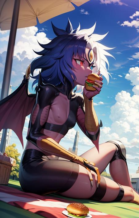 <lora:YubelYugioh2:1> best shadow, soft lighting, outdoors, yubel [yugioh] sitting on picnic blanket, sunny day, clouds, windy, eating a hamburger, yubel [yugioh], candid, heterochromia, looking away, solo