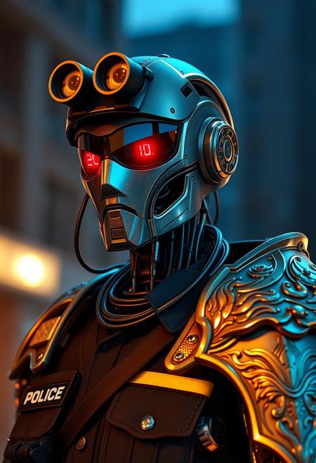 robot in police uniform he got wires on his neck and intricate piping on his shoulders that connected to his hands, backpack made out of wires and pipes, military scope on his eye, one shoulder has a huge pauldron with ornate design gold and metallic, no mouth, instead of eyes there is sharp visor, focused, glowing eyes with numbers red on them,  shining metallic texture, that reflects night sky, sharp UHD, smooth,