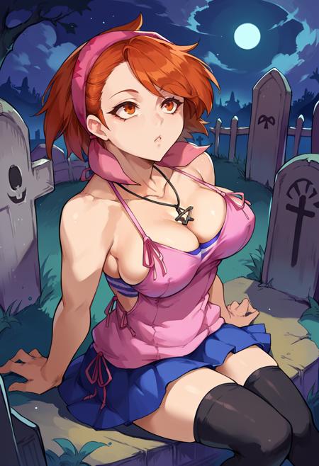 yuzudesu, orange hair, orange eyes, short hair, bandana camisole, tube top, necklace, black thighhighs, skirt