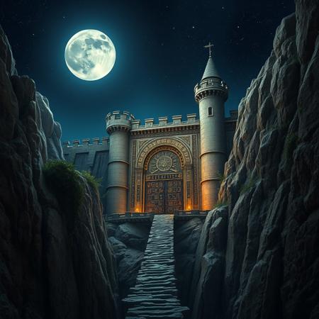 High quality, photo realistic image of an ancient castle excavated from the living rock of a rugged mountainside. its features detailed architectural elements such as battlements, towers and an immense bronze gate  surrounded with mysterious glowing runes.  The gate is accessible via a long, steep, path that crosses a bridge, straddling a steep ravine. The surrounding landscape is composed of steep, rocky cliffs, a few weather beaten trees and vines clinging to the hillside.  In the star studded inky blue sky a bright full moon illuminates the scene with a spectral radiance creating a dark, moody atmosphere, enhanced by the play of light and shadow.