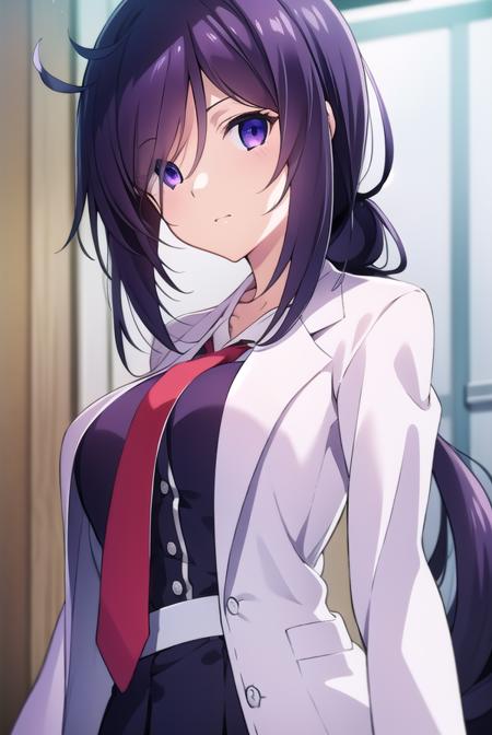 miokunosato, <lyco:miokunosato-LYCORIStest:1>,
mio kunosato, long hair, black hair, very long hair, (purple eyes:1.1), ponytail,
BREAK school uniform, necktie, labcoat,
BREAK looking at viewer, hands behind head,
BREAK indoors, classroom,
BREAK <lora:GoodHands-vanilla:1>, (masterpiece:1.2), best quality, high resolution, unity 8k wallpaper, (illustration:0.8), (beautiful detailed eyes:1.6), extremely detailed face, perfect lighting, extremely detailed CG, (perfect hands, perfect anatomy),