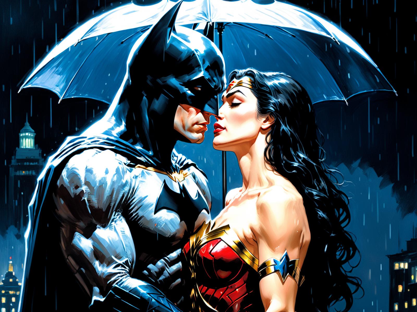 Batman and Wonder Woman Standing Under an Umbrella