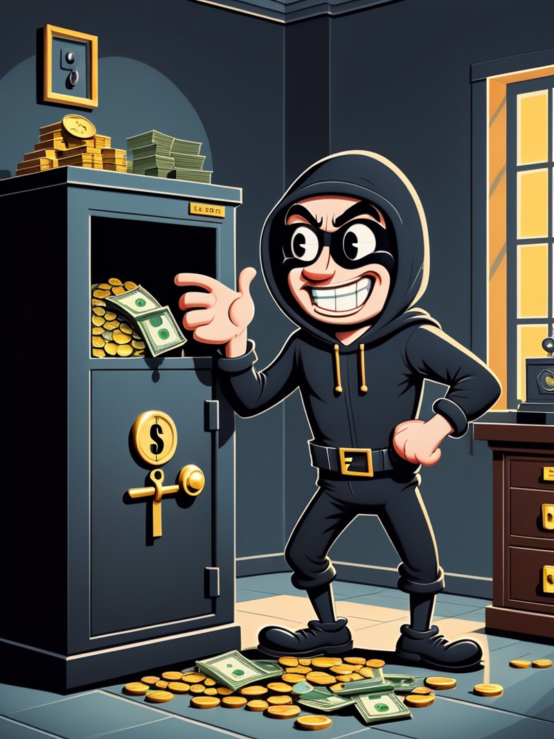 2D cartoon of a mischievous thief with a mask, opened bank safe full of money and jewels, room at night,  <lora:A_RubberHo...