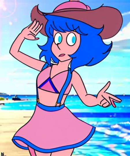 <lora:LapizLora-000002:1>, 1girl, Lapiz Lazuli (character), idol pose, skindentation, beautiful woman, wearing a pink sundress,sun hat, suspenders, blue hair, pupils, modeling, outdoors,  ocean bottom, short hair, cowboy shot,