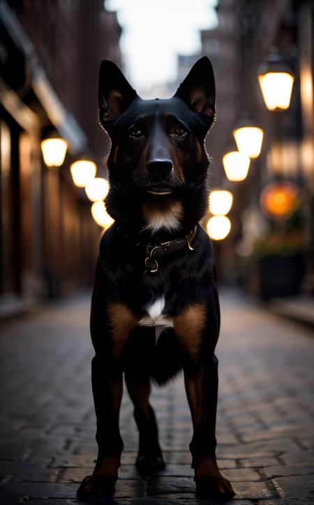 cinematic film still ((best quality)), ((masterpiece:1.2)), (detailed:1.2), A majestic dog explores an urban alley at night, illuminated by streetlights casting dramatic shadows. Its fur glistens under the glow, capturing a moment of curiosity and adventure in the gritty cityscape.
<lora:epi_noiseoffset2:1>  . shallow depth of field, vignette, highly detailed, high budget, bokeh, cinemascope, moody, epic, gorgeous, film grain, grainy