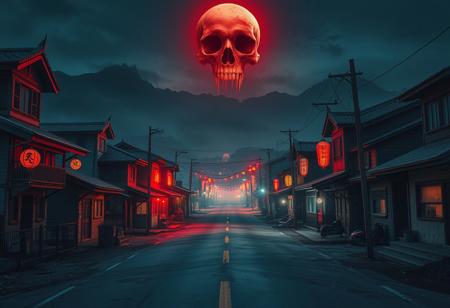 Cinematic photo, Realisti,A remote town called 'Zhiyong Town', with a medium shot composition. At night, the town is covered by a strange light, with no one on the streets and all the buildings around reflecting terrifying and strange colors. It's like entering a kaleidoscope world. The skull in the sky replaced the moon with a strange red light, and a pair of black hollow eyes looked at you! Focusing on the center of the road, the artistic style blends dark fantasy and Gothic art, with a sense of painting, emphasizing texture and dramatic lighting.