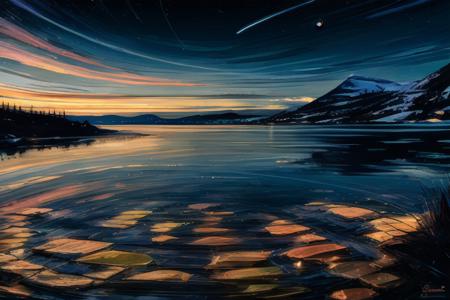 scenery, night sky, reflection, nature, water, shooting star, lake<lora:aenami-000021:1>