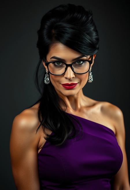 A captivating, elegant, and dominant 45-year-old Caucasian woman, exuding confidence and allure. She has long, flowing black hair styled in a sophisticated updo, framing her face and drawing attention to her piercing green eyes. Her gaze is intense, locked onto the viewer with a sensual, sure-of-herself expression. She wears a pair of elegant, intellectual glasses that enhance her allure. Her makeup is professionally applied, emphasizing her natural beauty with a touch of sophistication. She is dressed in a form-fitting, purple, sexy, yet elegant dress that accentuates her gorgeous curves. The lighting is dramatic, casting shadows and highlights that emphasize her confident and alluring persona.