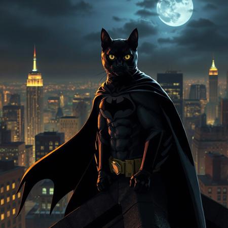 a cat in a batman suit over a roof in gotham city in the night
