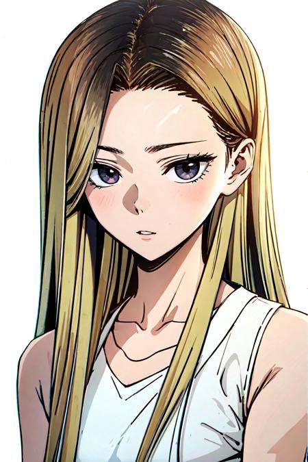 masterpiece, high quality cg, anime, illustration, best quality, 1girl, bound, bondage, beautiful face, detailed face, cowboy shot, Han Jia, 1girl, solo, long hair, blonde hair, simple background, shirt, white background, bare shoulders, brown eyes, collarbone, white shirt, short shorts, sleeveless, tank top, very small breast, bare legs, <lora:HanJia:.9>