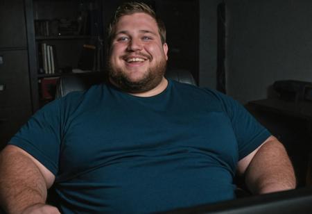 (((seen from below, pov below, sex pov, gay chubby porn))), ((cinematic hazey atmosphere, romantic movie, romance film, arthouse film)), ((dark, night nighttime, dark background, shadows)), Tanned chubby 30 year old bavarian man, wearing a black muscleshirt and blue jeans, light brown-blonde messy hair, stubble, doublechin, broad face, blue green eyes, big fat arms, big neck, broad neck, big belly, (nerd, programmer, coder), gentle smile, (sitting in dark office at night while programming on a high-tech computer),