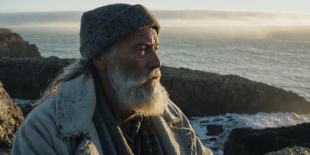 portrait , closeup, (sunrise, god rays), old rugged fisherman, long white beard, torn dirty gray coat, dirty beany, sitting on old wodden stool on rock, looking at sea, beach, stormy, dense fog, rocks, (spindrift, spray), cinematic, rocks in foreground,