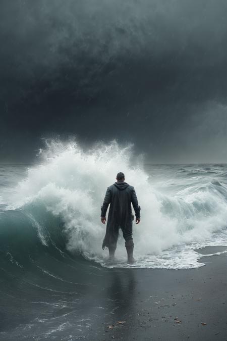 very dark focused flash photo, amazing quality, masterpiece, best quality, hyper detailed, ultra detailed, UHD, perfect anatomy, portrait, dof, hyper-realism, majestic, awesome, inspiring, photo hyper realistic of cthulhu rising from the ocean, gigantic size, dark and apocalyptic light, masterpiece, 8k, gigantic proportion, detailed waves, sky filled with lightning, raging ocean, end of the world storm atmosphere, a man alone faces, cinematic composition, soft shadows, national geographic style <lora:XL_boss_battle:1>