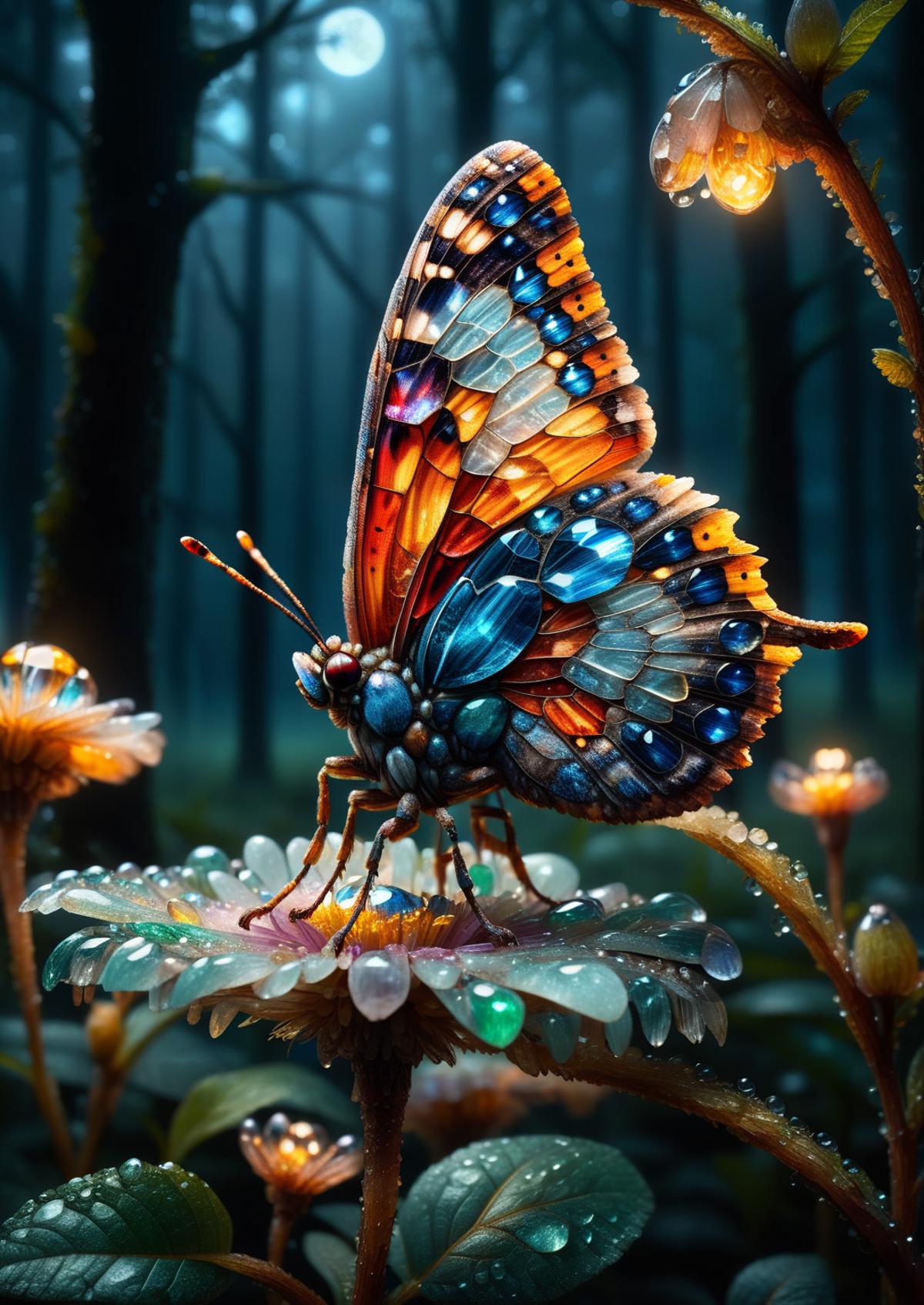A Beautifully Decorated Butterfly Sits on a Flower in a Forest