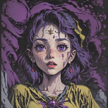 <lora:Fantasy:1> Aya Goda, purple, a screenprint, sots art