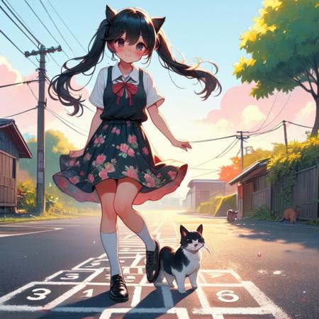 (((masterpiece))),  (((best quality))),  hopscotch,  hopping on road,  numbers in white large grid,  red fluttering floral skirt,  black stocking,  leather shoes,  banyan,  countryside,  ((utility pole)),  solo,  1girl,  big tits,  hot,  sweat,  ribbon,  twintail,  smile,  shy,  blush,  dog,  cat,  school,<lora:EMS-276124-EMS:1.000000>