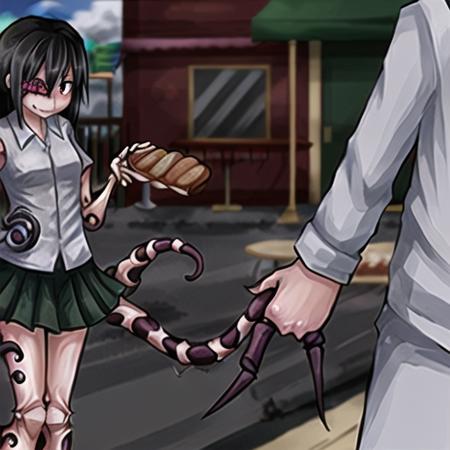 ageha, by Ray-kbys, unusual eye, extra pupils, extra arms, arthropod limbs, tentacles, (ageha in green skirt buying bread in bakery), city background