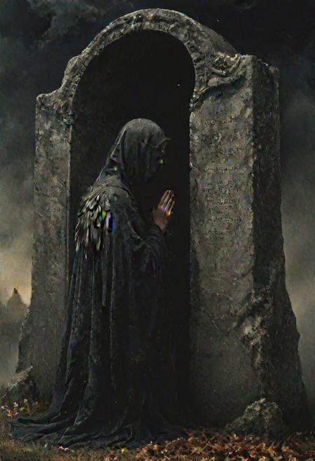 praying kneeling mother in a robe of feathers, looking at a gravestone, eerie glowing halo, winged, realistic, nighttime, <lora:The_Dark_Side_of_the_Earth:0.7>  <lora:- SDXL - pony_random_stuff_V1.0:0.8> <lora:- SDXL - vntblk_vanta_shapes_V1.0:0.6>