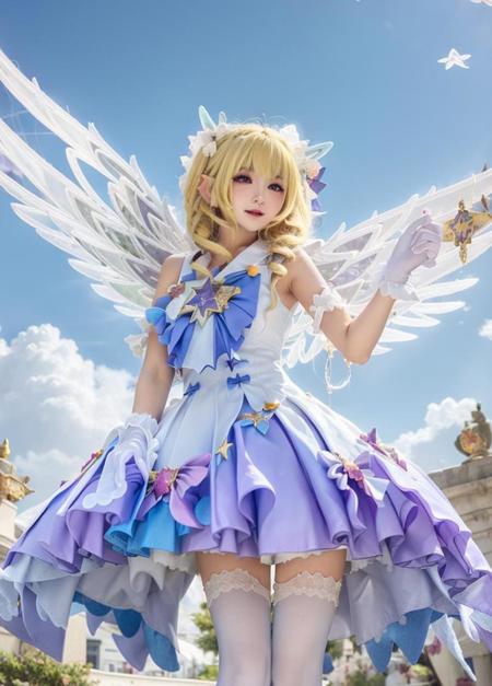 masterpiece, best quality, highres,detailed face,realistic, 
solo,looking at viewer,
1girl,yao shiyuan,blonde hair,dress,gloves,white pantyhose,pointy ears,star \(symbol\), 
outdoors, 
angel wings, 
above the thighhighs ,
<lora:yao shiyuan_v0.9:1>  <lora:ran:0.2>