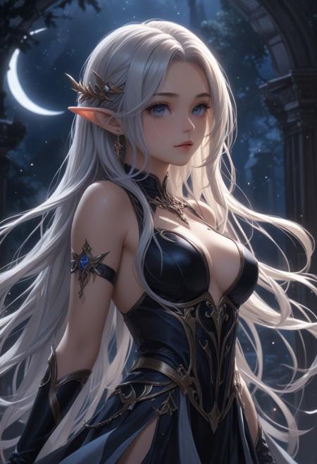 score_9, score_8_up, score_7_up, score_6_up, dynamic, (anime, masterpiece), best quality, (8k), detailed background, sharp focus, intricate, ambient lighting, super high quality, hyper detailed background, cinematic lighting, adult, double tone long hair, medium breasts, verybadimagenegative_v1.3, Moonlit Elf, Starlight Piercing, Silken Shadows, Lunar Whisper