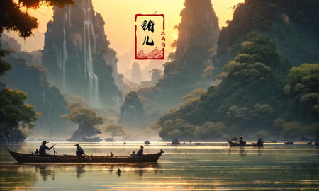 landscape, Guilin, China, iconic symbol of China's natural landscapes, Fishermen casting nets on the Li River with cormorant birds with a Cute girl touch, captured in the evocative style of the soft orange glow of the setting sun. A narrow alley on the right provides a glimpse of a tranquil garden filled with vividly blooming flowers. Ultra HD, 8K, with fine details, bringing the textures of the scene alive. Featuring: Lomography , Extreme wide portrait , 3D rendering , symmetrical composition , UHD , Wide angle lens,
Ink style, A shot with tensiondetailed backgroundDouble exposure,masterpiece, professional artwork, famous artwork,
<lora:~Q?-\ql4nY+:0.8>