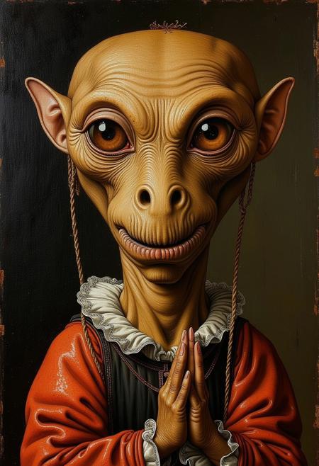 style of Sandro Botticelli, Renaissance oil painting, portrait of a strange alien creature with mandibles and three eyes wearing renaissance fashion, highly detailed
