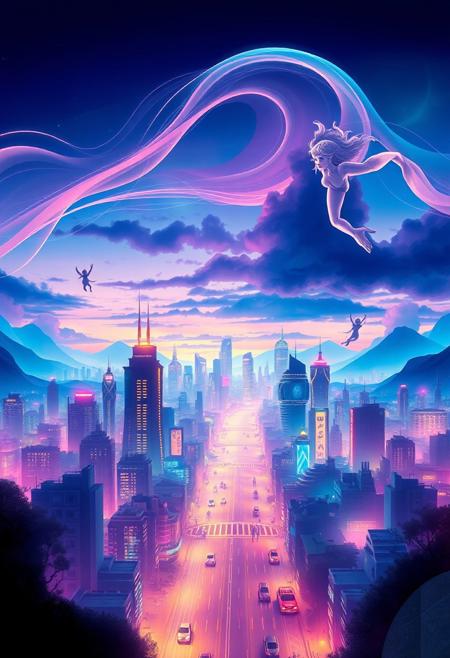 The town features a futuristic cityscape with glowing neon lights, abstract flowing shapes merging into the skyline, soft gradients blending between dusk and dawn, and ethereal figures floating in the air, all rendered in a fluid, dreamlike style, emphasizing vibrant colors, motion, and high contrast. The entire composition is vivid and dreamy, evoking a sense of wonder.