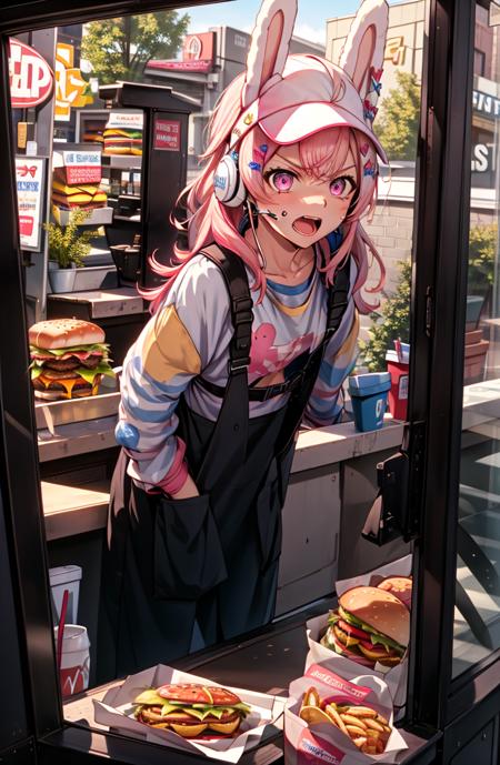 1girl, pippa, virtual youtuber, pink hair, hair ornament, rabbit ears, pink eyes, <lora:Char - PippaV2:0.75> leaning forward, small breasts,  <lora:Concept - DriveThroughWindow:0.7> drivethruwindow, angry, screaming, inside the drive-thru window, cap hat, headset, holding out burger, apron,