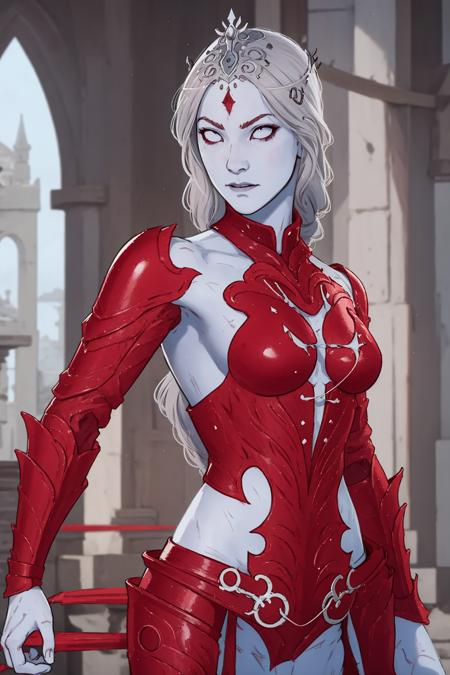 Orin, 1woman, red armor, gray skin, white skin, medieval, <lora:Orin:0.7>, cartoon, illustration, manga, ultra detailed, outline art, detailed line art, fine details, clean lines, manga, monochrome, drawing, realistic sketch, detailed